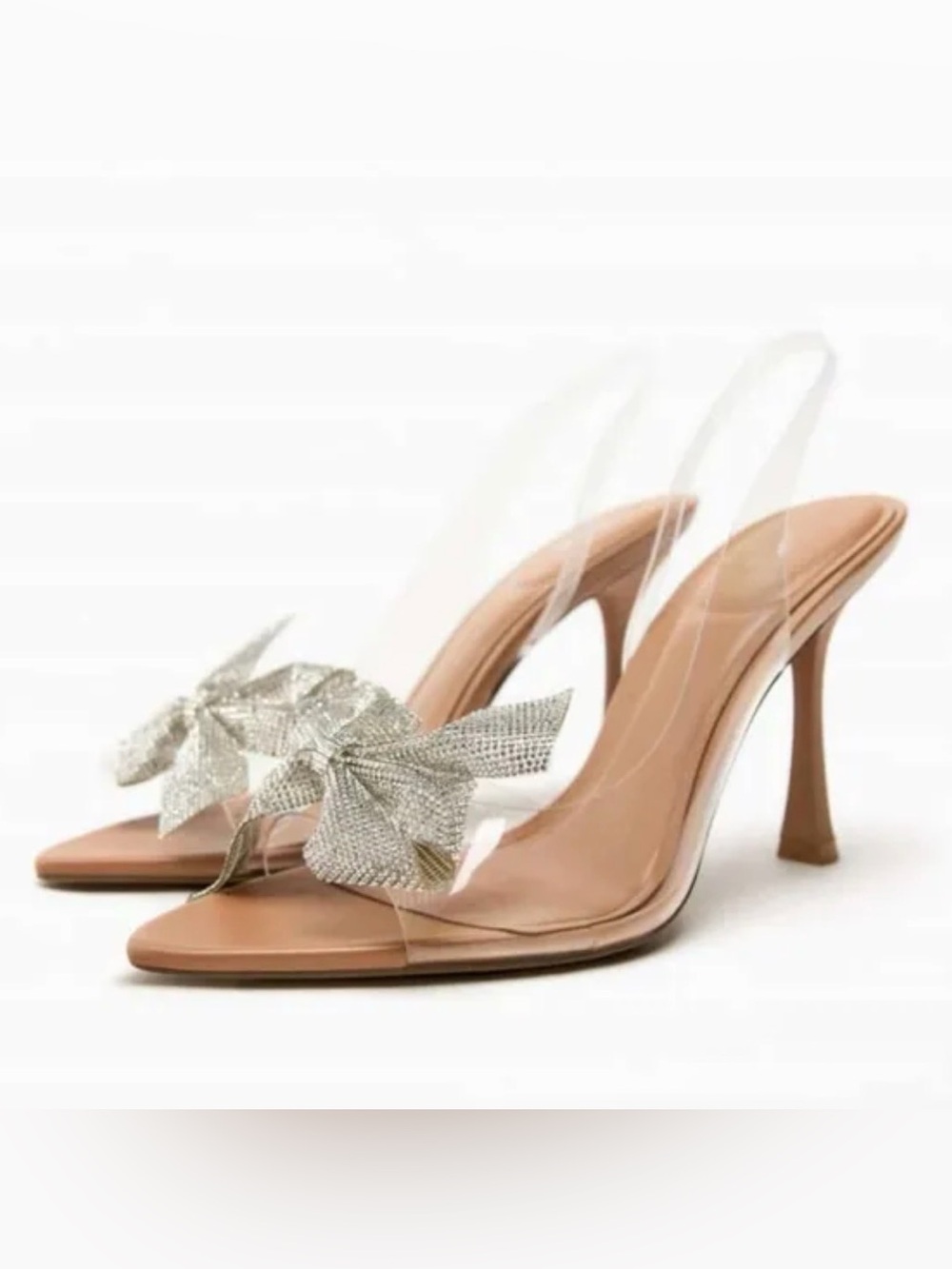 Zara Nude Slingback Heels with Silver Crystal Bow